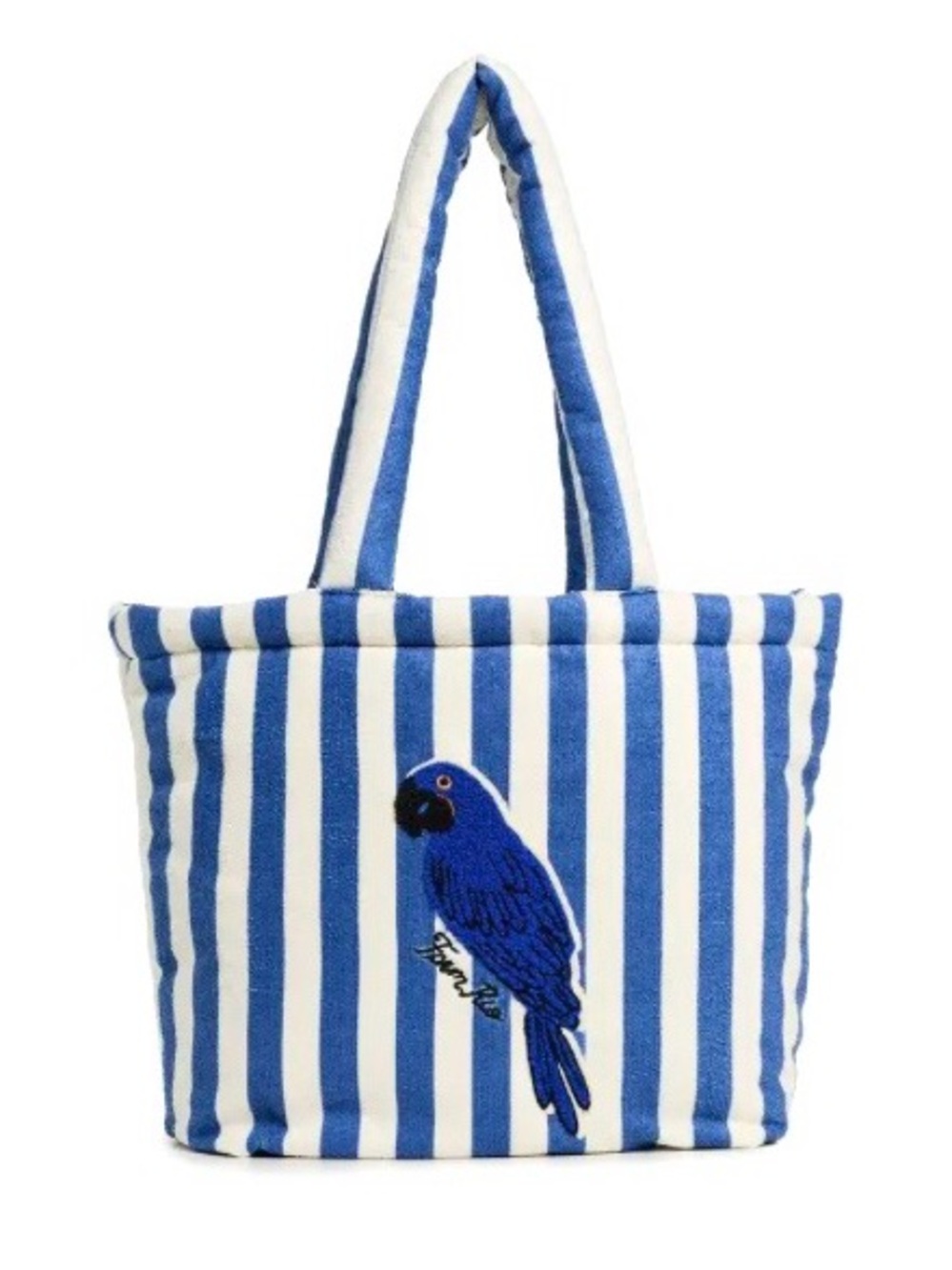 NEW FARM Rio Blue Stripe Macaw Embroidered Tote Bag Cotton 17.75" x 13" x 4"